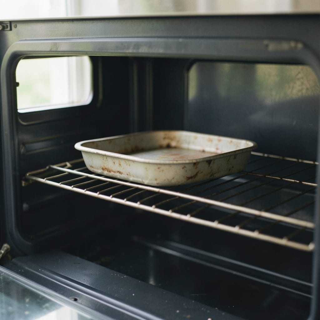 An ordinary home oven with one tin in it