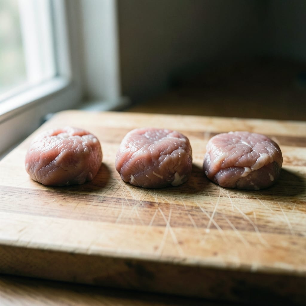Three chops of different thickness, ready to be tested